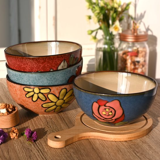 Set of 6 Floral Design Ceramic Bowls, 6 Inches, 28Oz, Suitable for Cereal, Salad, Soup, Dessert, Or Snacks; Safe for Microwave And Dishwasher