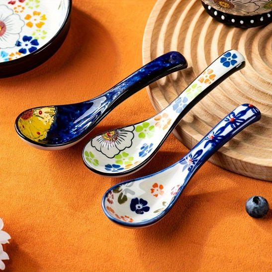 4pcs Bohemian Ceramic Spoon Set, Large Home-Size Soup Spoon, Ramen Spoon, Miso Spoon, Dumpling Spoon, Ceramic Spoon, Ceramic Spoon Set, Soup Spoon, Traditional Hand-Painted Floral Design