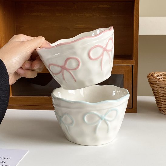 1pc Bow Ceramic Rice Bowl, Creative Design with Embossed Bow Ceramic Bowl, Light Meal Salad Bowl, Suitable for Daily Home Use, Restaurant Service jewelrystylees, Living Room Fruit Bowl, Afternoon Tea Dessert Bowl, Gift for Present