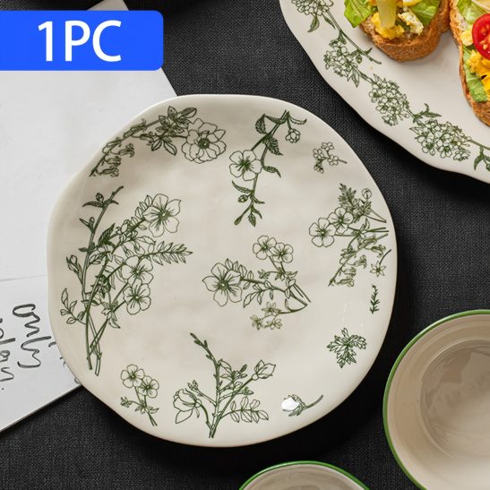 1pc (8-Inch Ceramic Shallow Plate) Artistic Plant Line Drawing Off-White Ceramic Dinner Plate, with a Size of 8.07inch Suitable for Home-Cooked Dishes, Salads, Pasta, Pizza, Steak, Chicken, Desserts