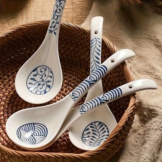 2pcs Ceramic Long-Handled Soup Spoons - Large Capacity, 9-Inch Japanese Blue and White Ceramic Soup Spoons, Suitable for Kitchen and Dining, Durable and Easy-to-Clean jewelrystylees, Dishwasher Safe
