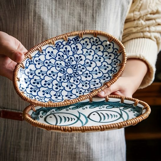 1 X 7.8-Inch Ceramic Woven Patchwork Desktop Storage Tray, Home Porcelain Tea Tray, Snack Plate, and Decorative Dish, Suitable for Hotel and Home Use
