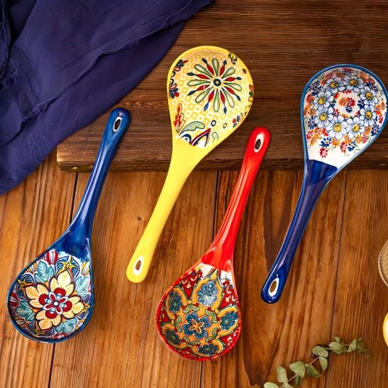 2pcs Bohemian Ceramic Spoon Set, Large Home-Size Soup Spoon, Ramen Spoon, Miso Spoon, Dumpling Spoon, Microwave Safe, Oven Safe, Ceramic Spoon, Ceramic Spoon Set, Soup Spoon, Soup Spoon Set