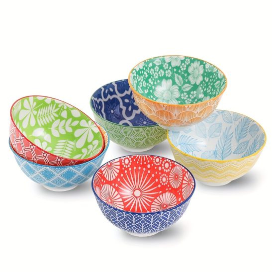 6pcs Colorful Kitchen Ceramic Serving Bowls - Cute Deep Bowl Set for Snacks, Desserts, Rice, Soup, Cereal, Ramen - Microwave and Dishwasher Safe - Ideal for Housewarming and Parties Gift -Christmas Halloween